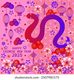 2025 year of the Snake, Chinese New Year, Festive greeting card, Pink