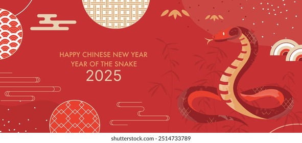 2025 Ano da Cobra. Projeto chinês da bandeira da celebração do ano novo. Modelo Diagonal de Ilustração de Ano Lunar Tradicional, Festivo e Artístico para Cartões de Saudação e Eventos