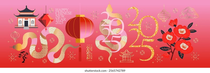 2025 Year of the Snake. Chinese New Year. Vector modern abstract illustrations of Snake, Chinese lanterns, house in China with flowers for greeting card, banner or icons. Objects	
