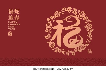 2025 Year of the Snake with Chinese paper cut style design of the character "good fortune," translated as: "Blessings, Happiness, Good Luck," with elements celebrating Chinese New Year.