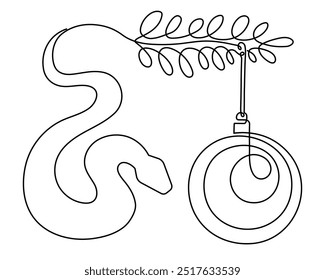 2025 ano da cobra e do brinquedo de Natal uma arte de linha, mão desenhada contorno contínuo.Ano festivo festivo Ano Novo horóscopo astrológico chinês e bola de árvore festiva,contorno de serpente réptil venenoso.Editável