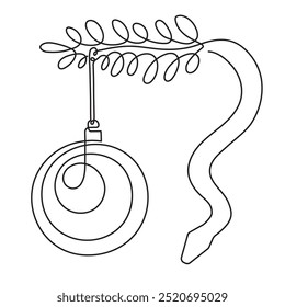 2025 ano da cobra e do brinquedo de Natal uma arte de linha, mão desenhada contorno contínuo.Ano festivo festivo Ano Novo horóscopo astrológico chinês e bola de árvore festiva,contorno de serpente réptil venenoso.Editável