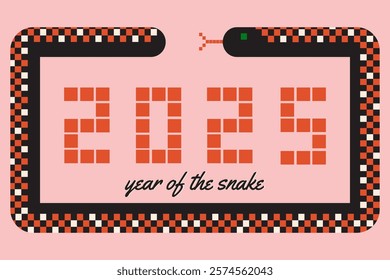 2025 year of the snake cool design for chinese new year celebration. Decorative template with snake and space for text in pixel style.