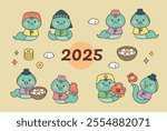 2025 Year of the Snake. A cute snake character wearing traditional Korean clothing, eating New Year