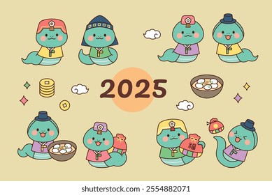 2025 Year of the Snake. A cute snake character wearing traditional Korean clothing, eating New Year's food, and holding a lucky bag. outline simple vector illustration.