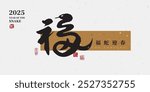 2025 Year of the Snake design, Chinese calligraphy with the "good fortune" character, translated as: "Blessings, Happiness, Good Luck." Calligraphy handwritten style, Chinese New Year layout design.