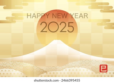 2025, The Year Of The Snake, Greeting Card Template With Snow-Covered Golden Mt. Fuji Decorated With Japanese Vintage Patterns.  Kanji Text Translation - The Snake.