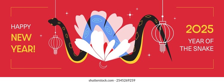 2025 Ano da Serpente saudação horizontal banner design com elementos geométricos e florais. Ilustração vermelho e dourado festivo com uma cobra preta enrolando através de flores. Vetor