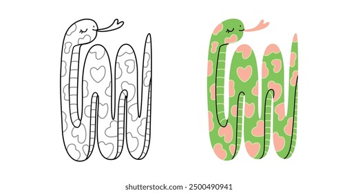 2025 Year of the Snake hand drawn cute simple outline illustration isolated on white background. Coloring page cartoon vector design for kids and adults