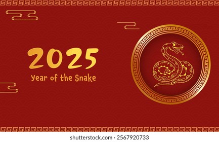 2025 Year of The Snake, Happy Chinese New Year Banner in Red and Golden Color.