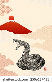 2025 Year of the Snake Japanese New Year's greeting card, a menacing snake coiled in an ink painting style, red Fuji at sunrise on the first day of the year - Translation: Snake.