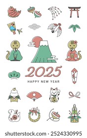 2025 Year of the Snake Japanese New Year's Postcard template, Line drawing ver. Text translation: Happy new year, Snake, Thank you.Illustration design of a Snake couple, Mt.Fuji and Good luck charms.