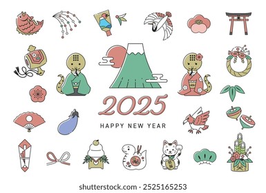 2025 Year of the Snake Japanese New Year's Postcard template, Line drawing ver. (Text translation: Happy new year, Snake) 
Illustration design of a Snake couple, Mt.Fuji and Good luck charms.