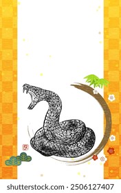 2025 Year of the Snake Japanese-style New Year's card with a menacing snake coiled in an ink painting style, pine, bamboo and plum blossoms, Japanese pattern background - Translation: Snake.