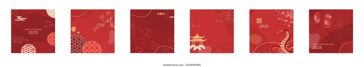 2025 Year of the Snake Luxury Square Poster Collection with Lanterns, Asian Clouds in Red and Gold Colors. Premium Templates Featuring Temples and Zodiac Snake Symbols for Chinese New Year Posts.