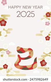 2025, El Año De La Serpiente, La Plantilla De La Tarjeta De Felicitación Del Año Nuevo Con Un Logotipo Kanji Decorado Con Patrones Japoneses De Antiguas. Ilustración vectorial. Traducción Kanji - La Serpiente.