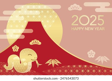 2025, Year Of The Snake, New Year Greeting Card Vector Template With A Snake Mascot, Mt. Fuji, And The Rising Sun Decorated With Vintage Japanese Patterns.