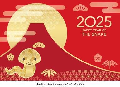 2025, Año De La Serpiente, Año Nuevo Tarjeta De Felicitación Plantilla De Vector Con Una Mascota De Serpiente, Monte Fuji, Y El Sol Naciente Decorado Con Patrones Japoneses De Antiguas.