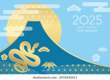 2025, Año De La Serpiente, Año Nuevo Tarjeta De Felicitación Plantilla De Vector Con Un Símbolo De Serpiente, Monte Fuji, Y El Sol Naciente Decorado Con Patrones Japoneses De Antiguas.