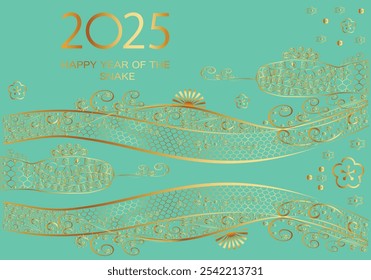 2025, Year of the Snake, New Year greeting card template. Festive gold pattern imitation snake skin. Two snakes Symbol of the year. Digital vector 