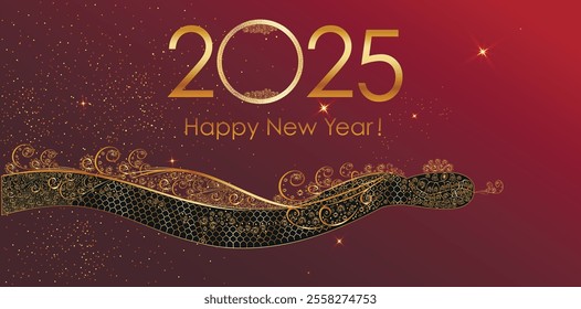  2025, Year of the Snake, New Year greeting card template. Festive golden pattern imitation snake skin. Symbol of the year. For writing congratulations. Digital vector 