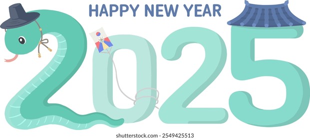 2025 Year of the Snake New Year logo illustration with blue snake character