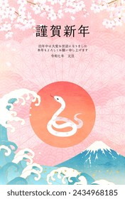 2025 Year of the Snake New Year's card with cherry blossoms, Mt. Fuji, waves and snakes.

Translation:kinga-shinnen(Japanese new year words)
Kotoshi-mo-yoroshiku(May this year be a great one)