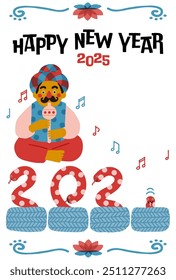 2025 Year of the Snake New Year's Card 　Comical Snake Charmer Illustration