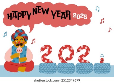 2025 Year of the Snake New Year's Card 　Comical Snake Charmer Illustration