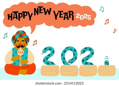 2025 Year of the Snake New Year's Card 　Comical Snake Charmer Illustration