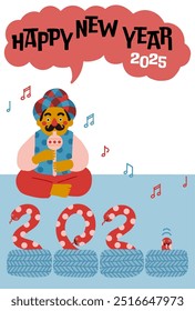 2025 Year of the Snake New Year's Card 　Comical Snake Charmer Illustration