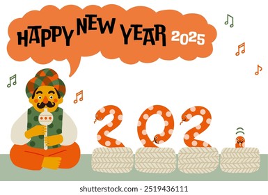 2025 Year of the Snake New Year's Card 　Comical Snake Charmer Illustration