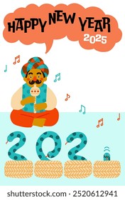 2025 Year of the Snake New Year's Card 　Comical Snake Charmer Illustration