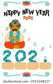 2025 Year of the Snake New Year's Card 　Comical Snake Charmer Illustration