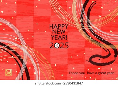 2025 Year of the Snake New Year's Card - Mizuhiki and Checkered Pattern
