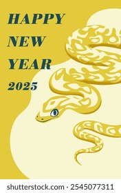 Tarjeta del Año Nuevo 2025 del Año de la Serpiente. Auspiciosa ilustración de serpiente dorada. Tamaño de postal, Vertical.