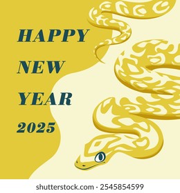 2025 Year of the Snake New Year's card. Auspicious golden snake illustration. Square.