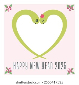 2025, Year of the Snake. New Year's card with a heart-shaped photo frame made of male and female snakes. Square.