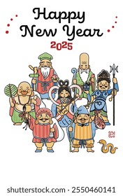 2025 Year of the Snake New Year's card - Simple and cute illustration of the Seven Lucky Gods