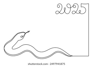 2025 year of snake one line art, hand drawn continuous contour.Holiday concept,festive New year chinese astrological horoscope, poisonous reptile serpent outline.Editable stroke.Isolated.Vector