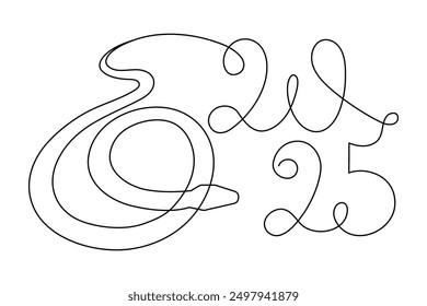 2025 year of snake one line art, hand drawn continuous contour.Holiday concept,festive New year chinese astrological horoscope, poisonous reptile serpent outline.Editable stroke.Isolated.Vector