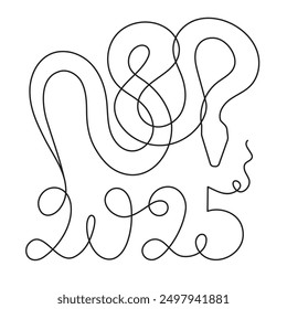 2025 year of snake one line art, hand drawn continuous contour.Holiday concept,festive New year chinese astrological horoscope, poisonous reptile serpent outline.Editable stroke.Isolated.Vector