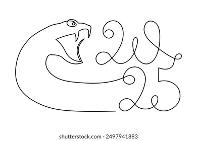 2025 year of snake one line art, hand drawn continuous contour.Holiday concept,festive New year chinese astrological horoscope, poisonous reptile serpent outline.Editable stroke.Isolated.Vector