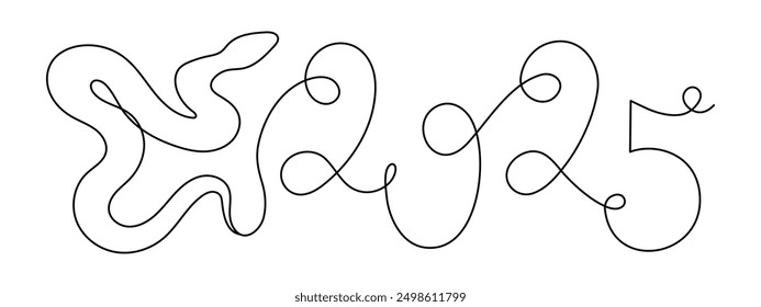 2025 year of snake one line art, hand drawn continuous contour.Holiday concept,festive New year chinese astrological horoscope, poisonous reptile serpent outline.Editable stroke.Isolated.Vector