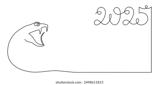 2025 year of snake one line art, hand drawn continuous contour.Holiday concept,festive New year chinese astrological horoscope, poisonous reptile serpent outline.Editable stroke.Isolated.Vector