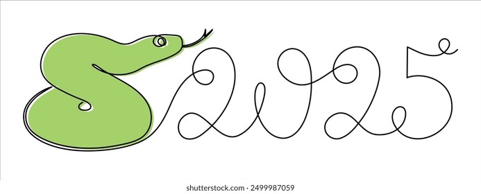 2025 year of snake one line art, hand drawn continuous contour.Holiday concept,festive New year chinese astrological horoscope, poisonous reptile serpent outline.Editable stroke.Isolated.Vector