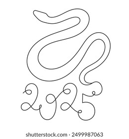 2025 year of snake one line art, hand drawn continuous contour.Holiday concept,festive New year chinese astrological horoscope, poisonous reptile serpent outline.Editable stroke.Isolated.Vector