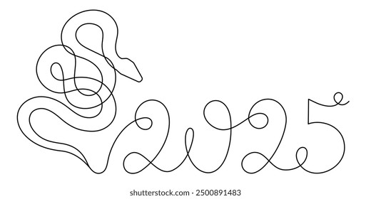 2025 year of snake one line art, hand drawn continuous contour.Holiday concept,festive New year chinese astrological horoscope, poisonous reptile serpent outline.Editable stroke.Isolated.Vector