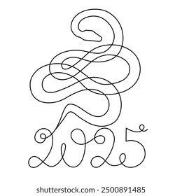 2025 year of snake one line art, hand drawn continuous contour.Holiday concept,festive New year chinese astrological horoscope, poisonous reptile serpent outline.Editable stroke.Isolated.Vector