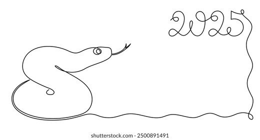 2025 year of snake one line art, hand drawn continuous contour.Holiday concept,festive New year chinese astrological horoscope, poisonous reptile serpent outline.Editable stroke.Isolated.Vector